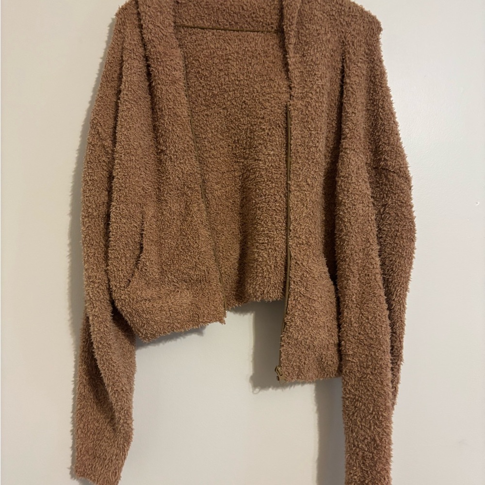 SKIMS Tan Fuzzy Cardigan and Pants